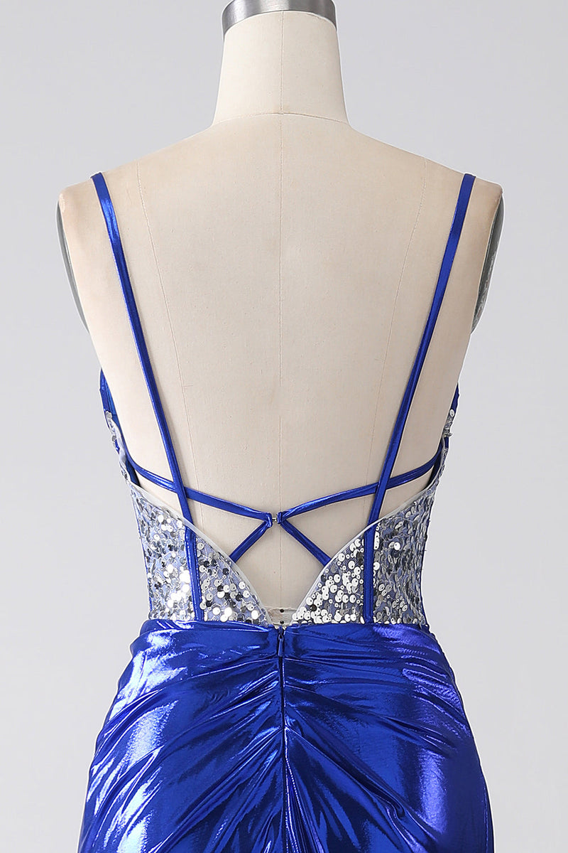 Load image into Gallery viewer, Royal Blue Mermaid Sparkly Sequin Pleated Corset Prom Dress With Slit