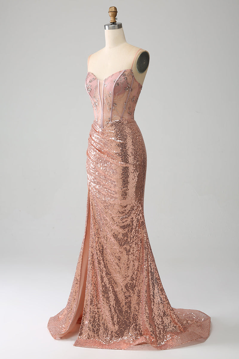 Load image into Gallery viewer, Rose Gold Mermaid Beaded Ruched Sequin Corset Prom Dress With Side Slit