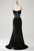 Load image into Gallery viewer, Mermaid Black Spaghetti Straps Long Corset Prom Dress with Slit