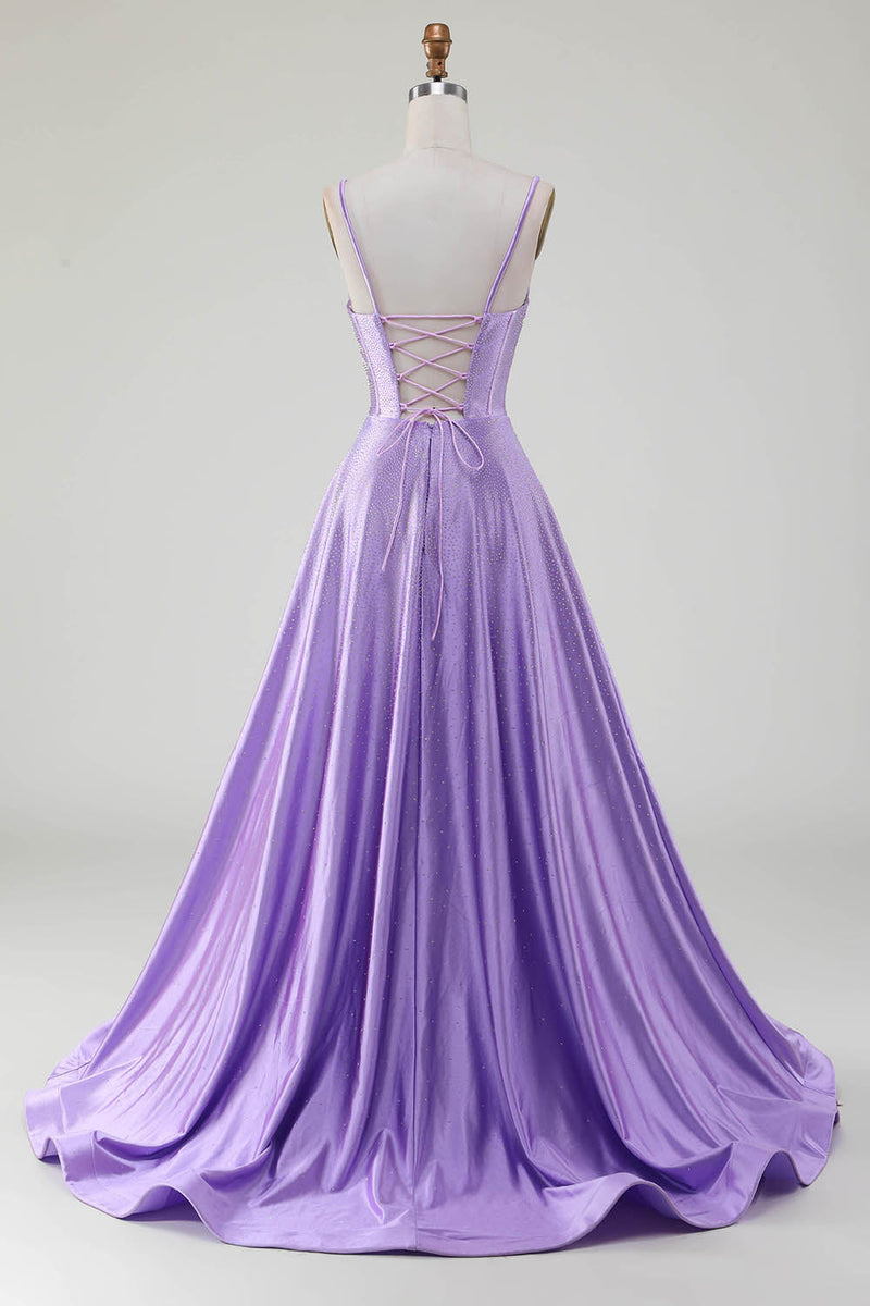 Load image into Gallery viewer, Simple Sparkly Lilac A-Line Side Slit Corset Prom Dresses with Rhinestones
