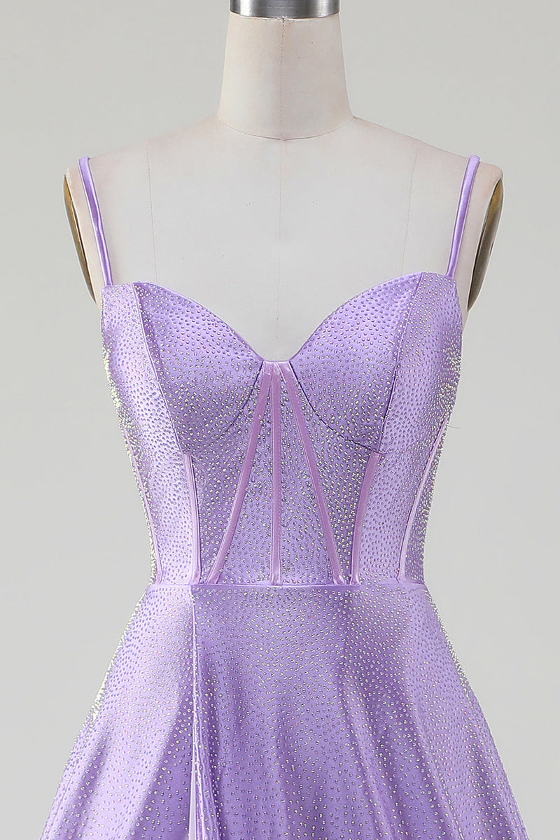 Load image into Gallery viewer, Simple Sparkly Lilac A-Line Side Slit Corset Prom Dresses with Rhinestones
