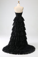 Load image into Gallery viewer, A-Line Sequins Black Tiered Prom Dress with Slit