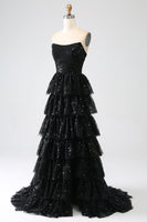 Load image into Gallery viewer, A-Line Sequins Black Tiered Prom Dress with Slit