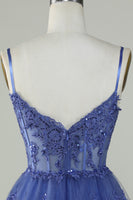 Load image into Gallery viewer, Cute A Line Spaghetti Straps Dark Blue Sparkly Corset Party Dress