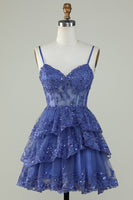 Load image into Gallery viewer, Sparkly Dark Blue Corset Top Spaghetti Straps A-Line Lace Short Party Dress