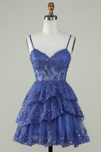 Sparkly Dark Blue Corset Top Spaghetti Straps A-Line Lace Short Party Dress