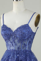 Load image into Gallery viewer, Cute A Line Spaghetti Straps Dark Blue Sparkly Corset Party Dress
