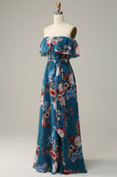 Load image into Gallery viewer, Dark Blue A Line Off The Shoulder Floor Length Print Chiffon Bridesmaid Dress