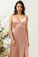 Load image into Gallery viewer, Blush Spaghetti Straps A Line Bridesmaid Dress With Slit