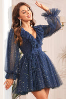 Load image into Gallery viewer, A Line V Neck Navy Short Homecoming Dress with Long Sleeves