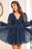 Load image into Gallery viewer, A Line V Neck Navy Short Homecoming Dress with Long Sleeves