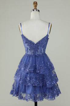 Cute A Line Spaghetti Straps Dark Blue Sparkly Corset Party Dress
