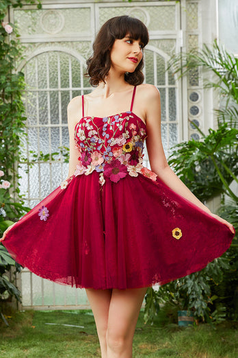 Burgundy A Line Spaghetti Straps Short Prom Dress With 3D Flowers