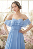 Load image into Gallery viewer, Off The Shoulder Blue Chiffon Bridesmaid Dress
