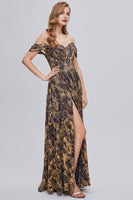 Load image into Gallery viewer, Glitter Brown Off the Shoulder Formal Dress with Slit