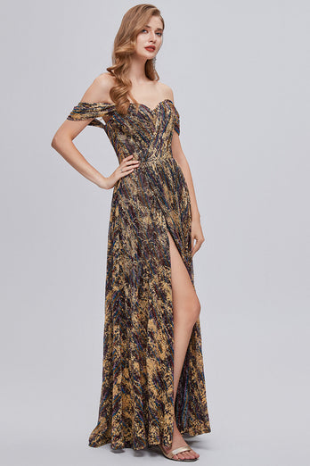 Glitter Brown Off the Shoulder Formal Dress with Slit