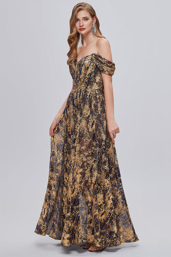 Glitter Brown Off the Shoulder Formal Dress with Slit