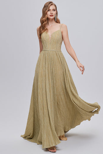 A-Line Spaghetti Straps Golden Ruched Long Prom Dress