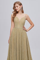 Load image into Gallery viewer, A-Line Spaghetti Straps Golden Ruched Long Prom Dress