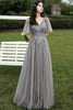 Load image into Gallery viewer, Grey V-Neck Beaded Long Formal Dress with Appliques