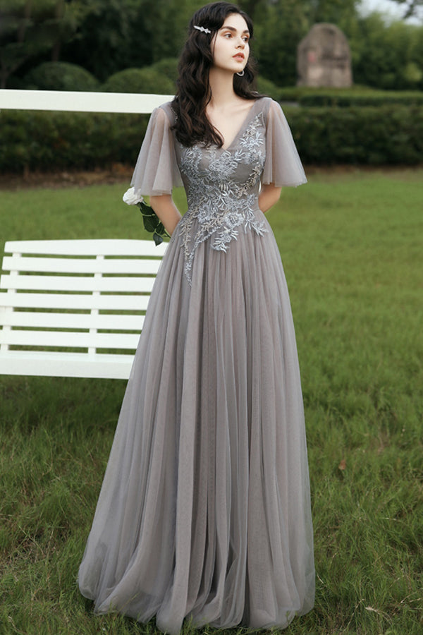 Load image into Gallery viewer, Grey V-Neck Beaded Long Formal Dress with Appliques