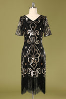 Load image into Gallery viewer, 1920s Black Sequins Flapper Dress