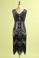 Load image into Gallery viewer, Black and Silver Sequin 1920s Dress