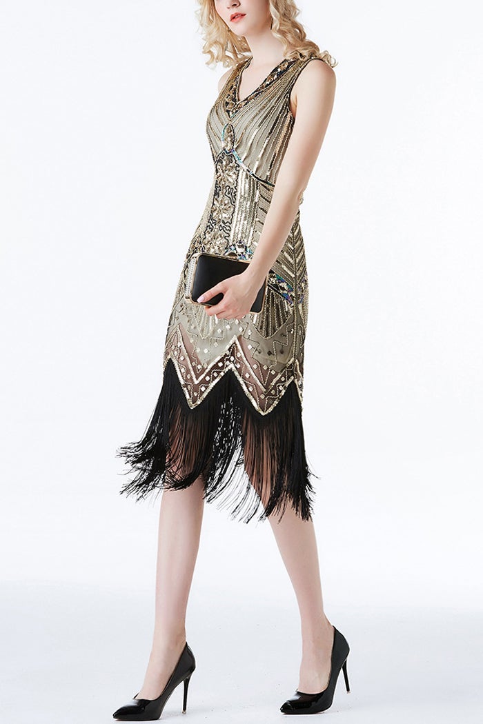 Load image into Gallery viewer, Black and Silver Sequin 1920s Dress