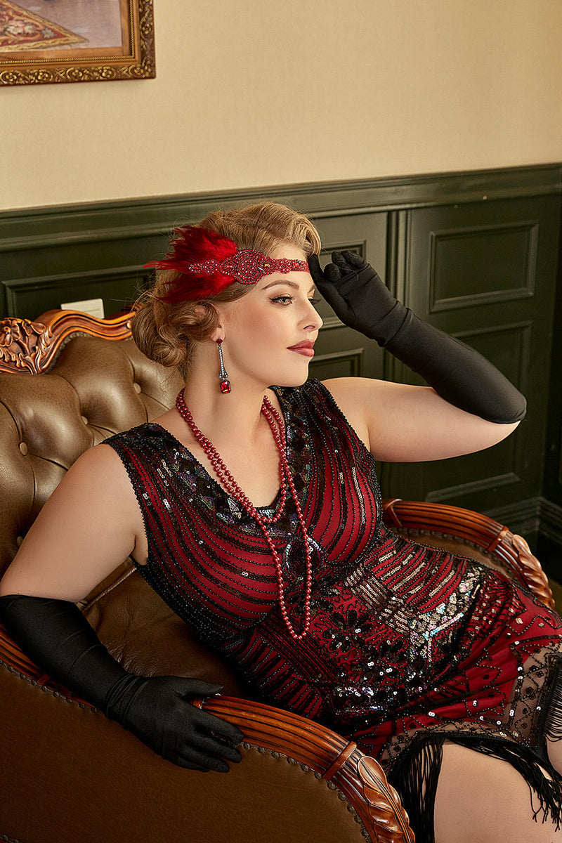 Load image into Gallery viewer, Red Sequin Plus Size 1920s Dress with Fringes
