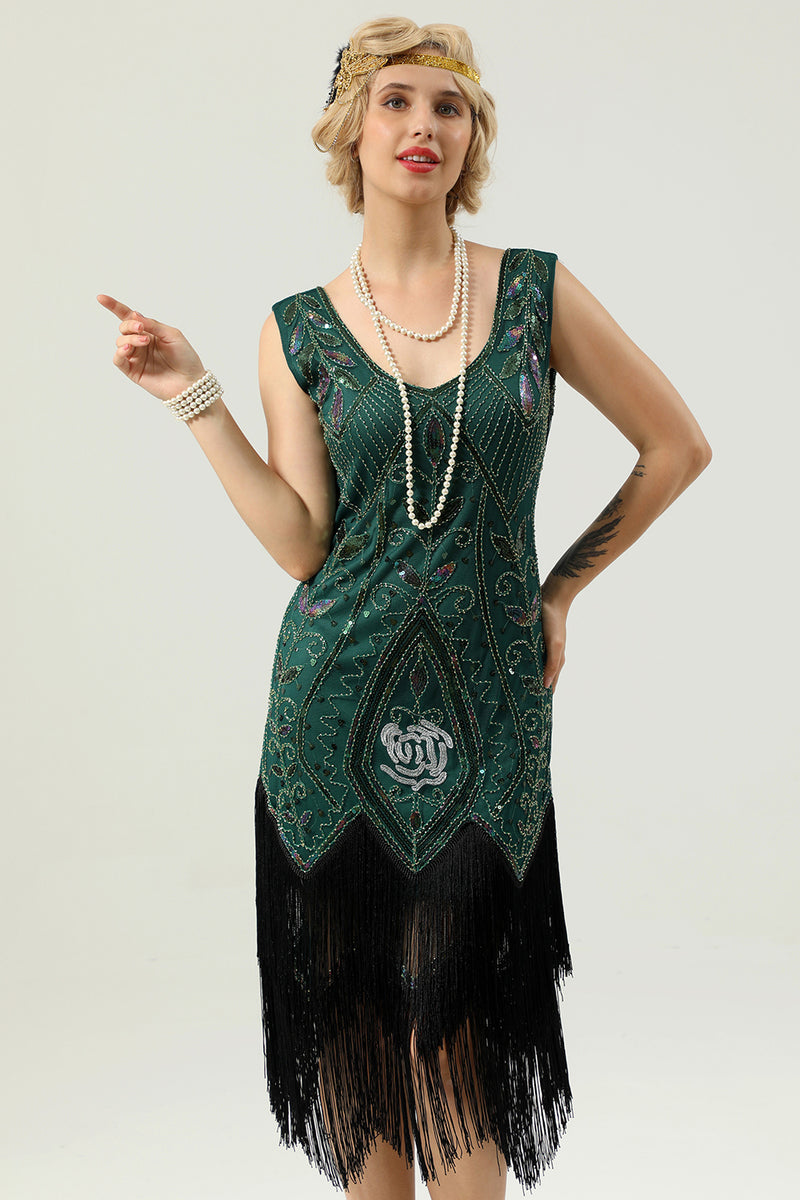 Load image into Gallery viewer, Black Sequins Glitter Fringe 1920s Dress