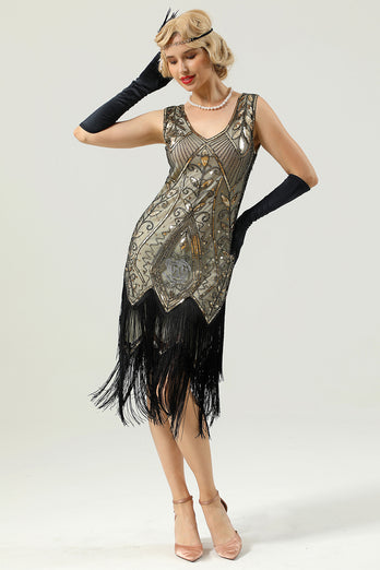 Black Sequins Glitter Fringe 1920s Dress