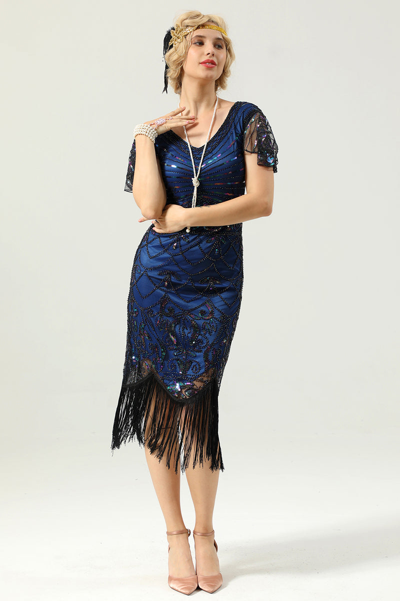 Load image into Gallery viewer, Royal Blue Sequin Fringe Flapper 1920s Dress