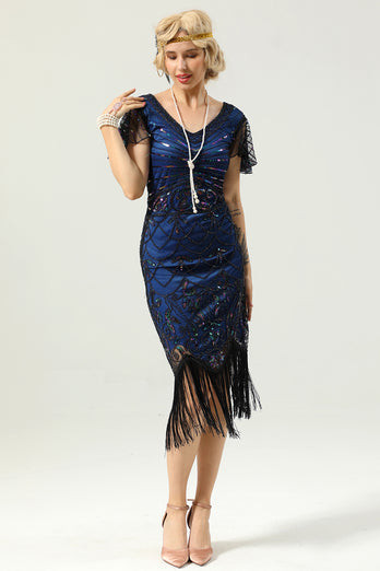 Royal Blue Sequin Fringe Flapper 1920s Dress