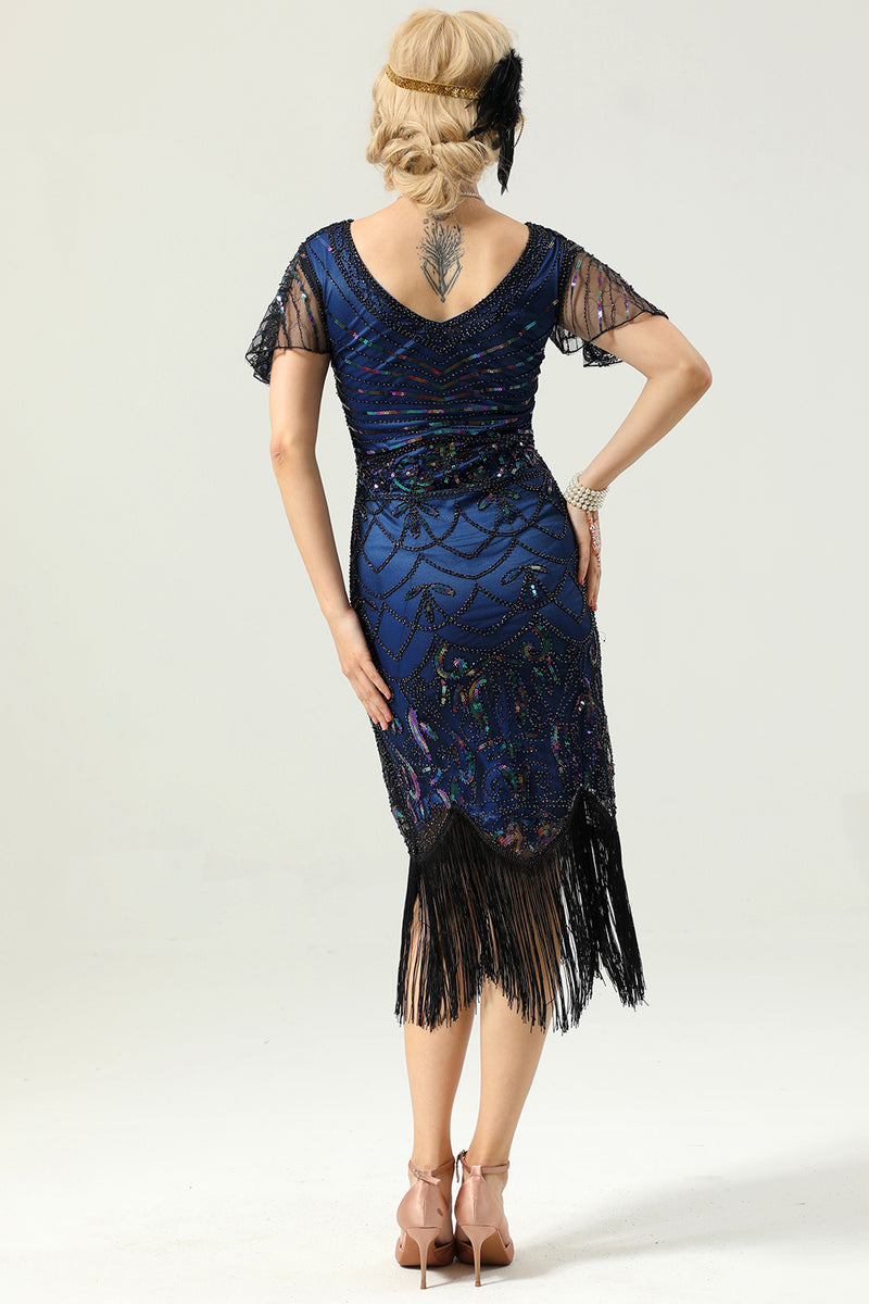 Load image into Gallery viewer, Royal Blue Sequin Fringe Flapper 1920s Dress