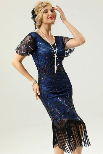 Royal Blue Sequin Fringe Flapper 1920s Dress