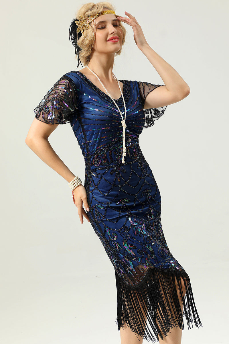 Load image into Gallery viewer, Royal Blue Sequin Fringe Flapper 1920s Dress