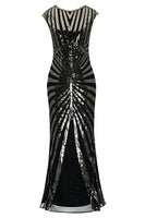 Load image into Gallery viewer, Black and Gold Mermaid 1920s Sequined Flapper Dress