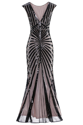 Black and Champagne 1920s Sequined Flapper Dress