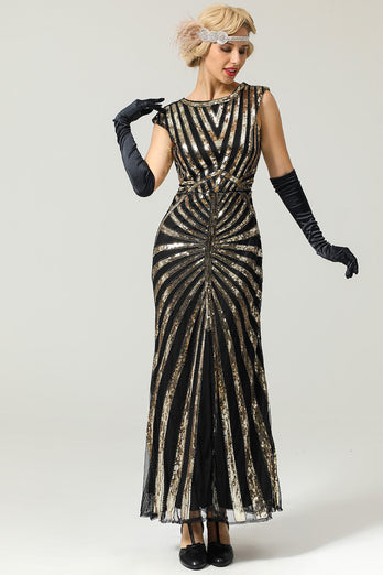 Black and Champagne 1920s Sequined Flapper Dress