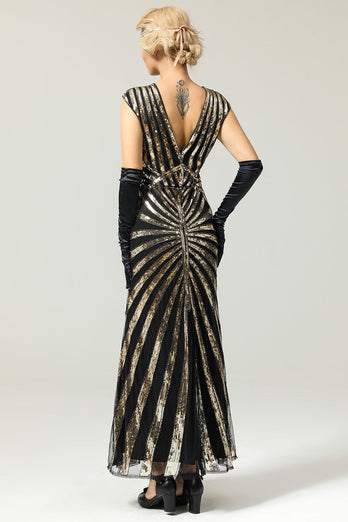 Black and Champagne 1920s Sequined Flapper Dress
