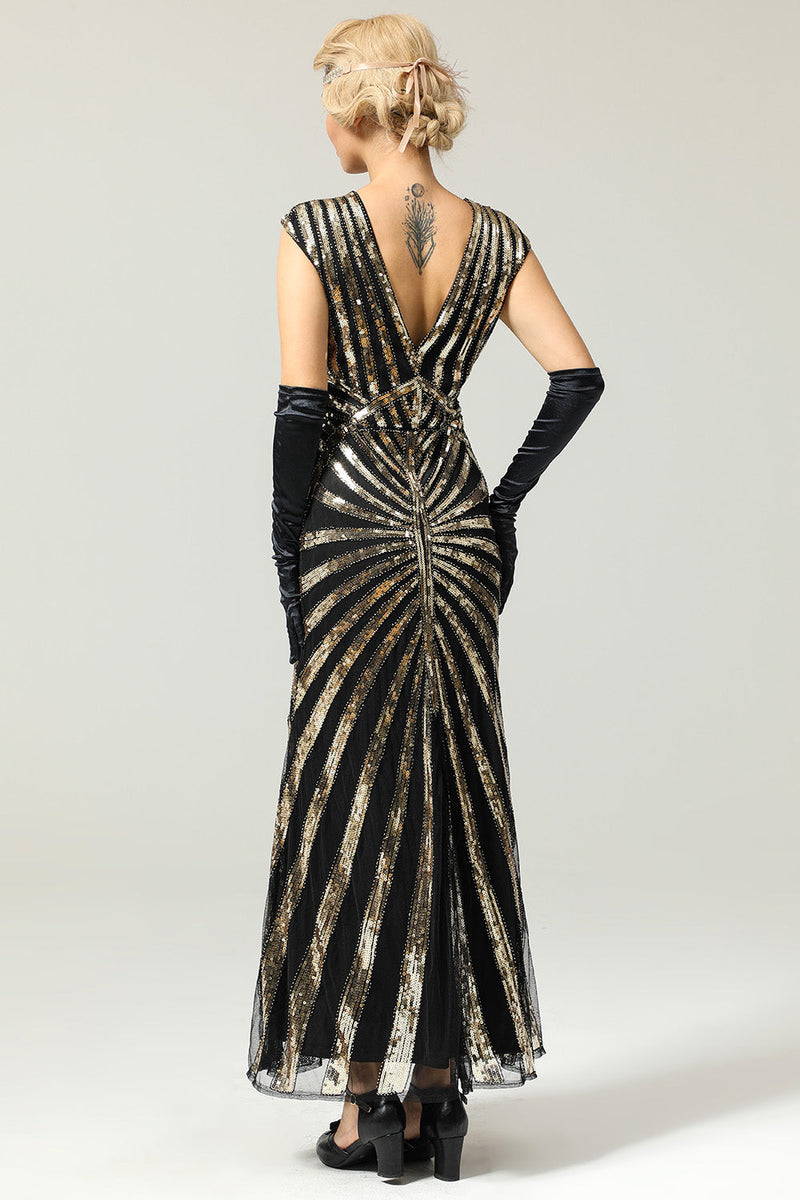 Load image into Gallery viewer, Black and Champagne 1920s Sequined Flapper Dress