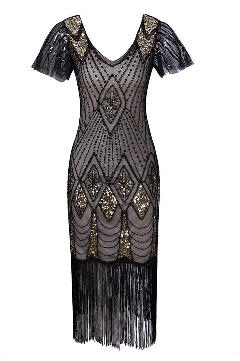 Load image into Gallery viewer, Black Sequin Fringe 1920s Dress