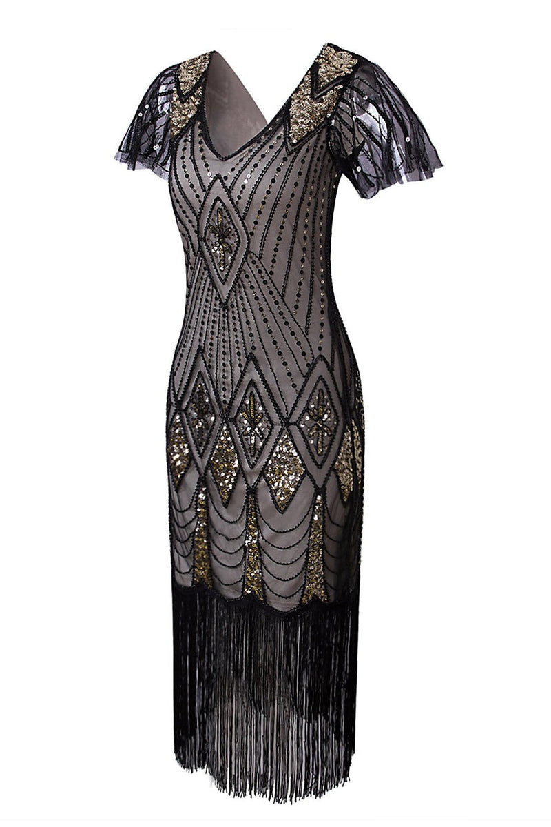 Load image into Gallery viewer, Black Sequin Fringe 1920s Dress