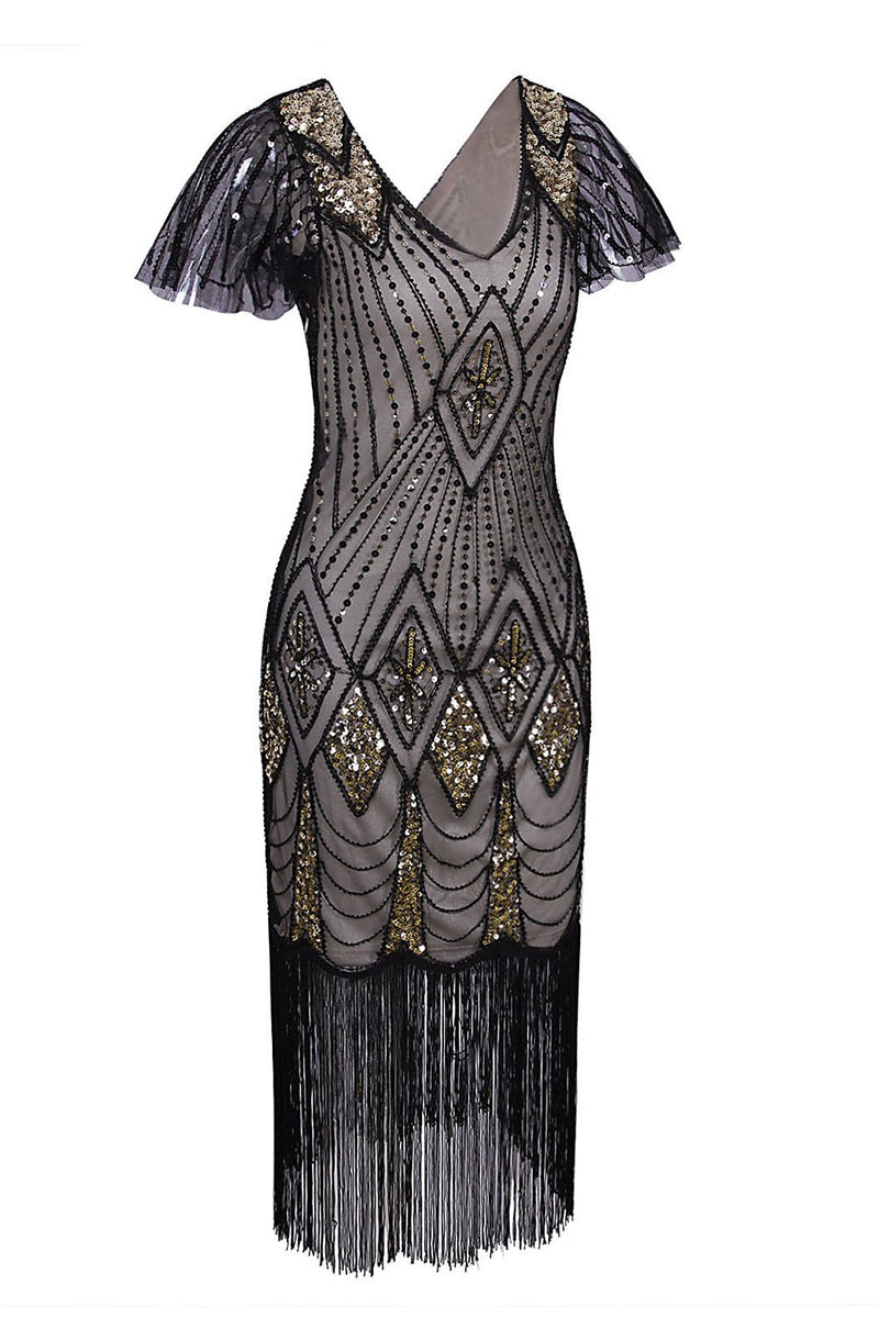 Load image into Gallery viewer, Black and Gold Sequin 1920s Dress