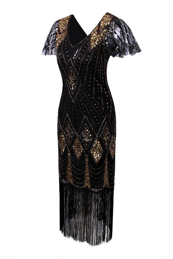 Black Sequin Fringe 1920s Dress