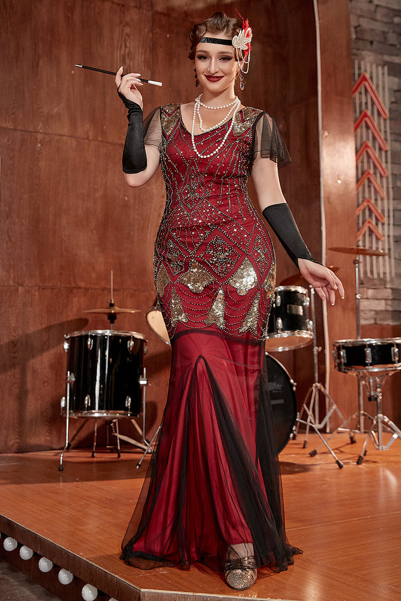 Load image into Gallery viewer, Burgundy Long 1920s Sequins Flapper Formal Dress