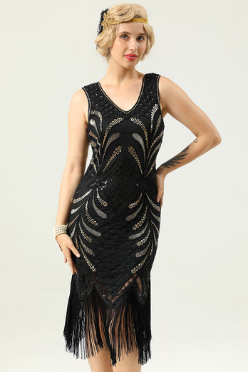 Black and Gold V Neck Sequin 1920s Flapper Dress