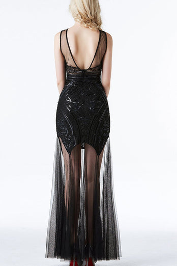 Black Long Tulle Sequin 1920s Dress