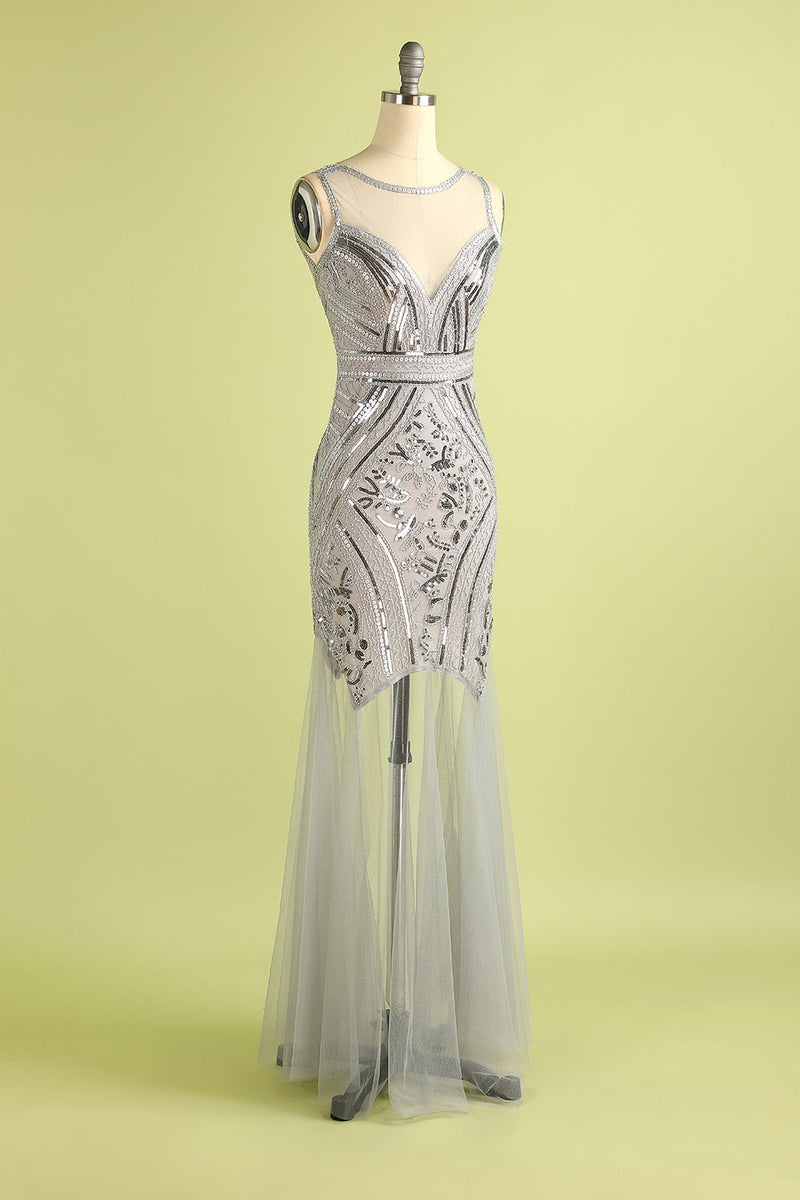 Load image into Gallery viewer, Black and Gold Long Tulle Sequin 1920s Dress