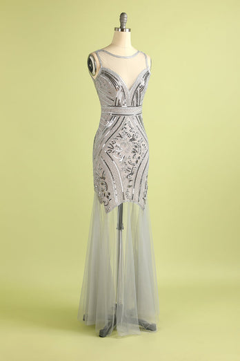 Black Long Tulle Sequin 1920s Dress